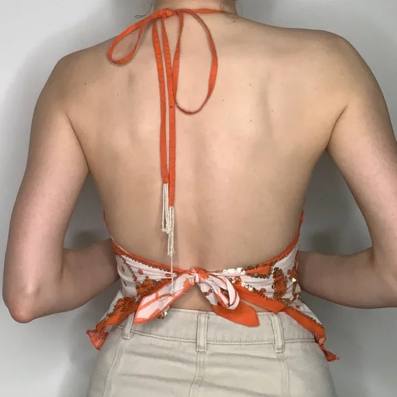 Miss Me embroidered cotton floral halter top, S, cottagecore sequins, RARE! - Picture 4 of 7